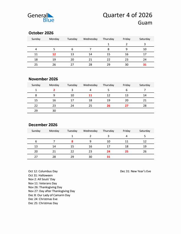 2026 Q4 Three-Month Calendar for Guam