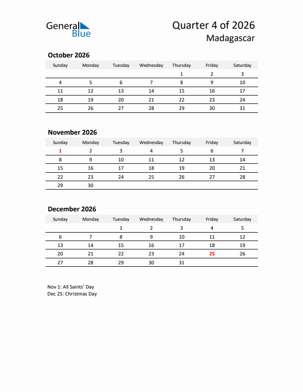 2026 Q4 Three-Month Calendar for Madagascar