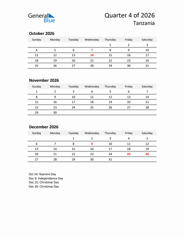 2026 Q4 Three-Month Calendar for Tanzania