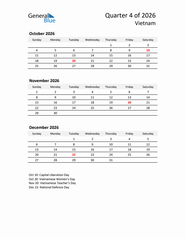 2026 Q4 Three-Month Calendar for Vietnam