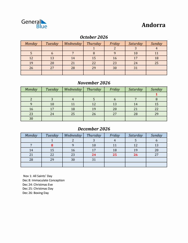 Q4 2026 Holiday Calendar - Andorra