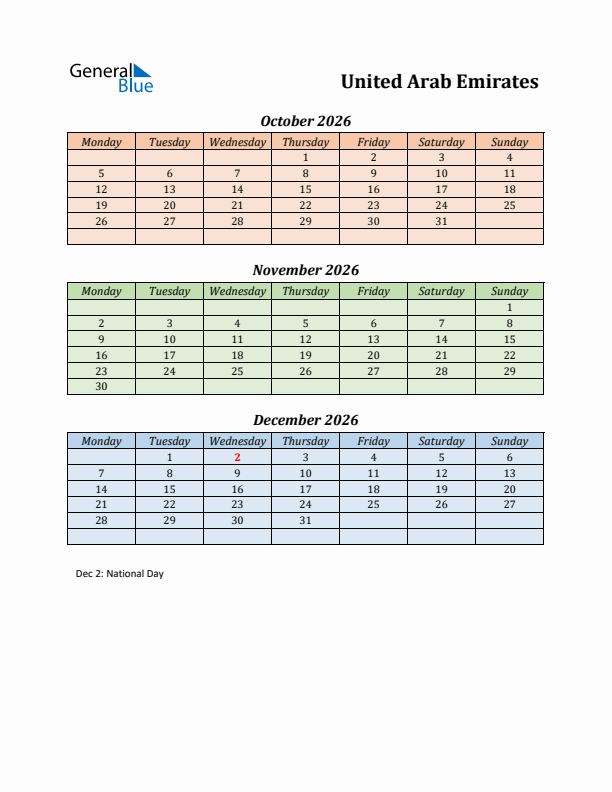 Q4 2026 Holiday Calendar - United Arab Emirates