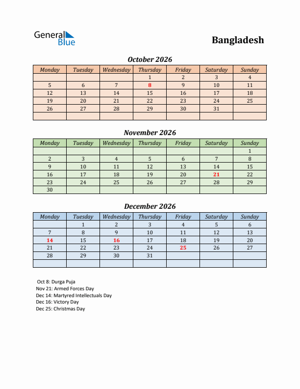 Q4 2026 Holiday Calendar - Bangladesh