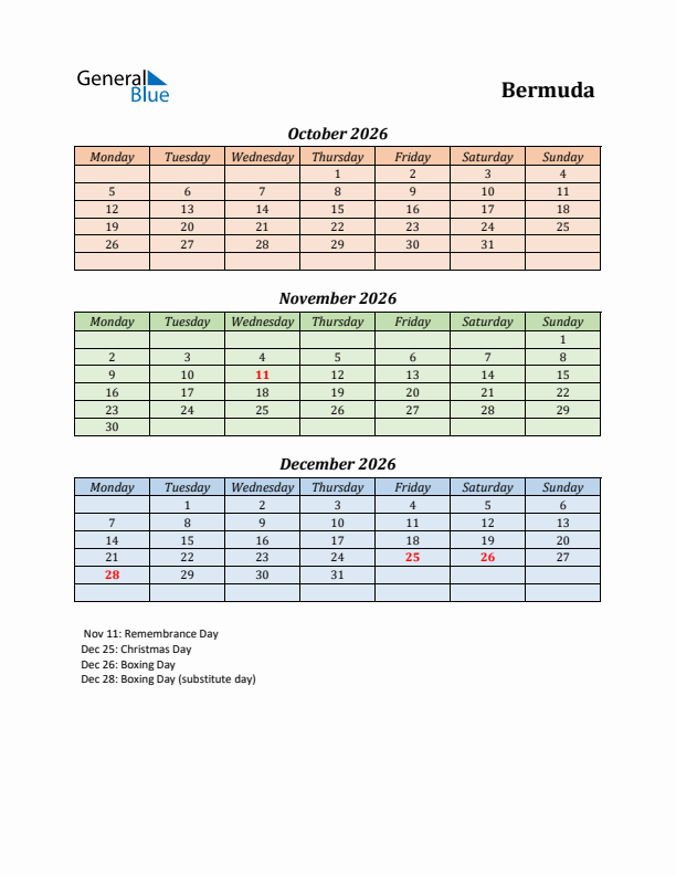 Q4 2026 Holiday Calendar - Bermuda