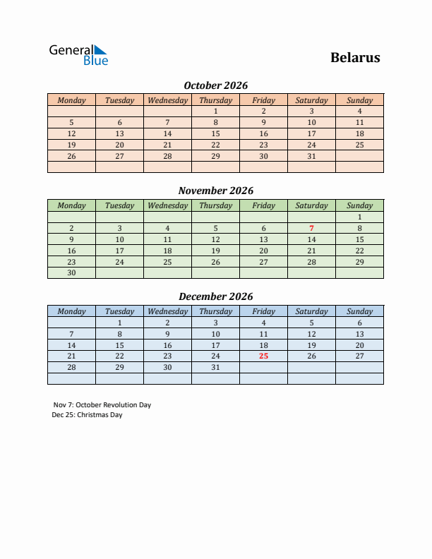 Q4 2026 Holiday Calendar - Belarus