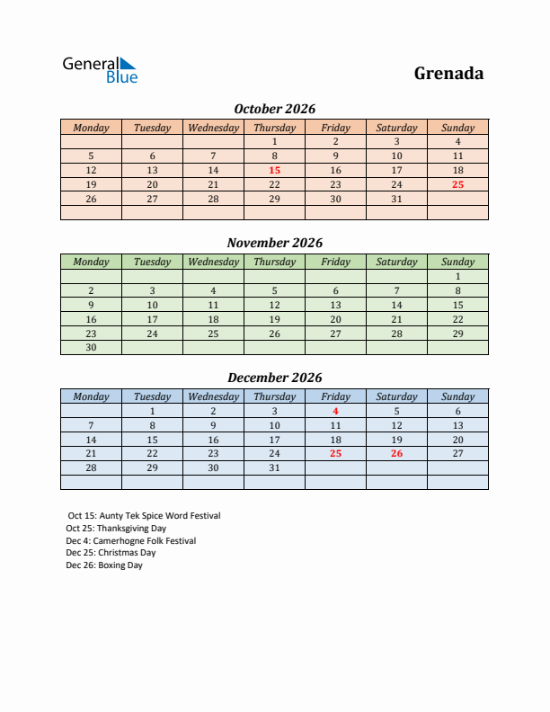 Q4 2026 Holiday Calendar - Grenada