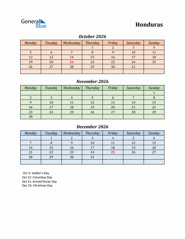 Q4 2026 Holiday Calendar - Honduras