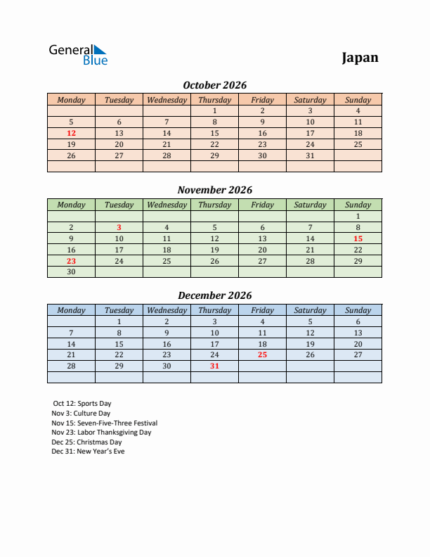 Q4 2026 Holiday Calendar - Japan