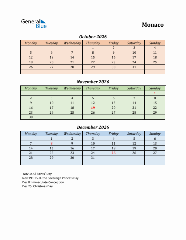 Q4 2026 Holiday Calendar - Monaco