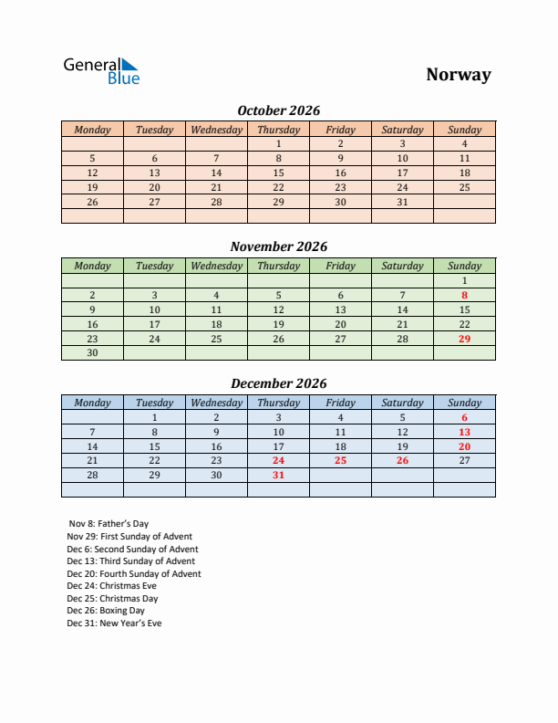 Q4 2026 Holiday Calendar - Norway