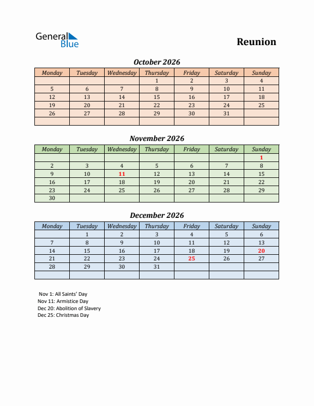 Q4 2026 Holiday Calendar - Reunion