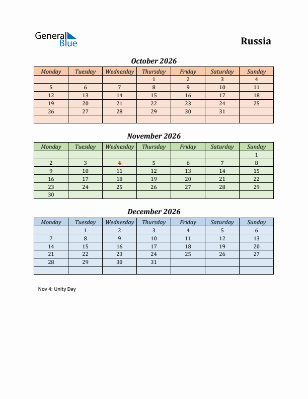 Q4 2026 Holiday Calendar - Russia