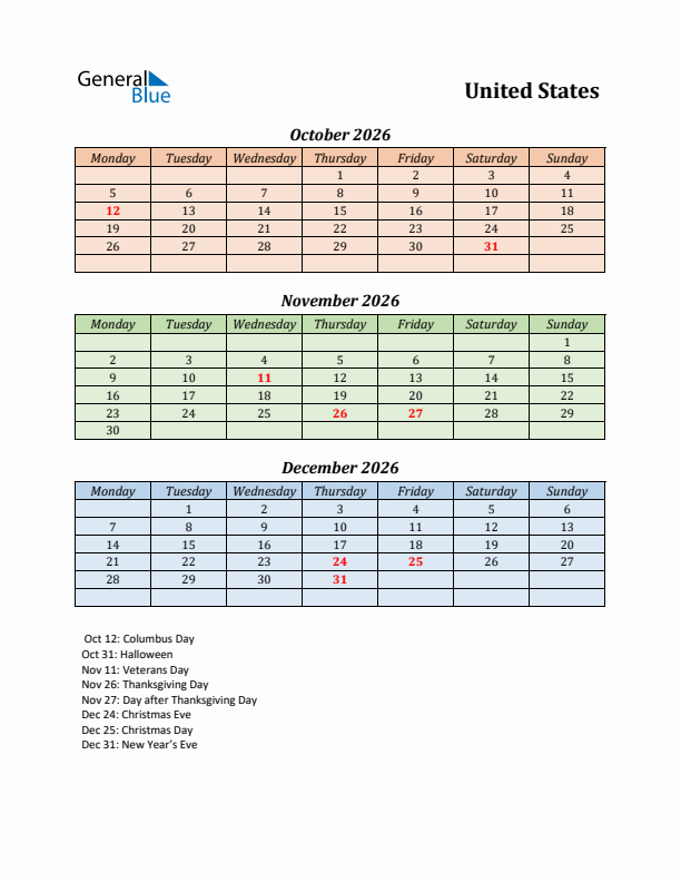 Q4 2026 Holiday Calendar - United States