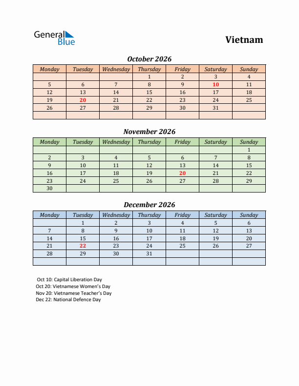 Q4 2026 Holiday Calendar - Vietnam