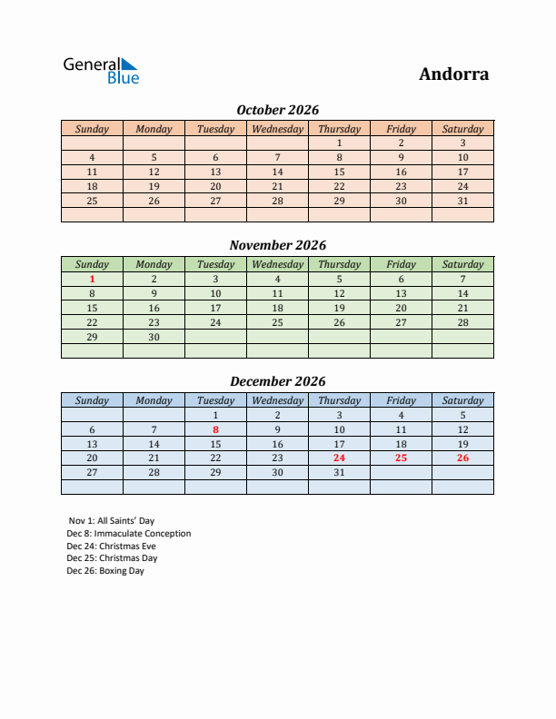 Q4 2026 Holiday Calendar - Andorra