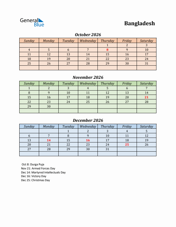 Q4 2026 Holiday Calendar - Bangladesh