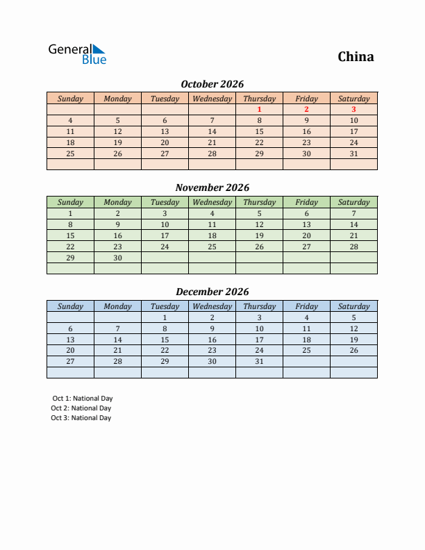 Q4 2026 Holiday Calendar - China