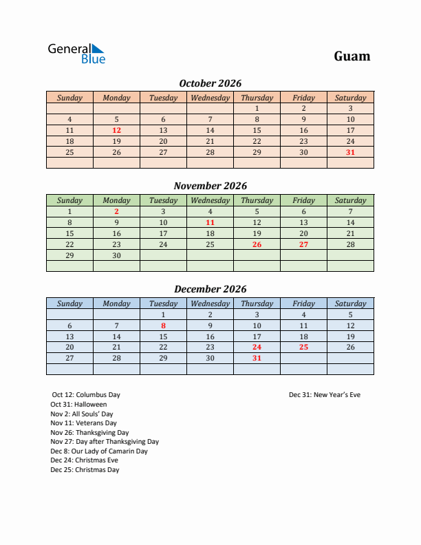 Q4 2026 Holiday Calendar - Guam