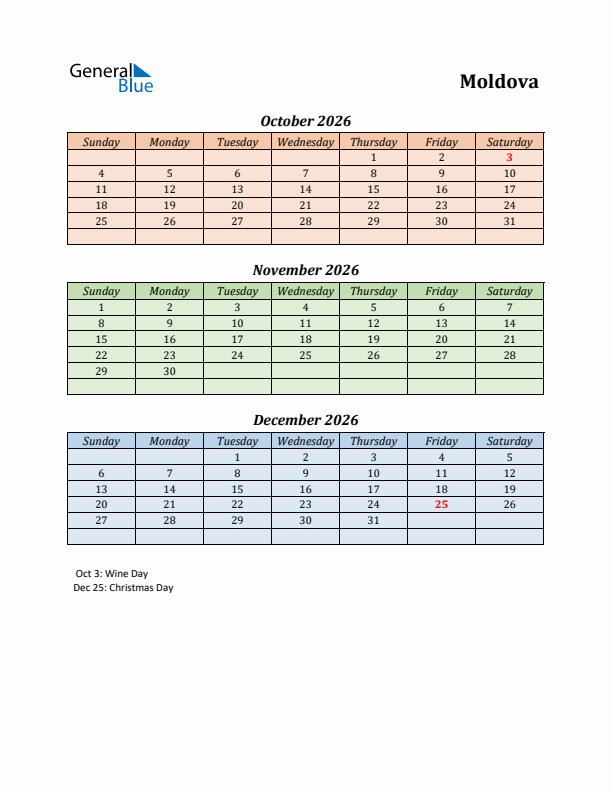 Q4 2026 Holiday Calendar - Moldova