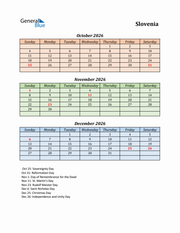 Q4 2026 Holiday Calendar - Slovenia