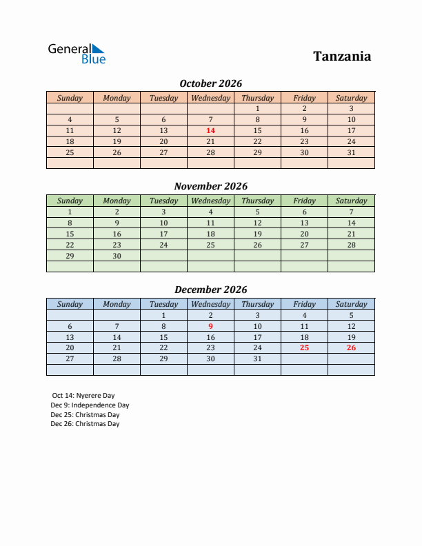 Q4 2026 Holiday Calendar - Tanzania