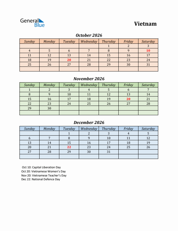 Q4 2026 Holiday Calendar - Vietnam