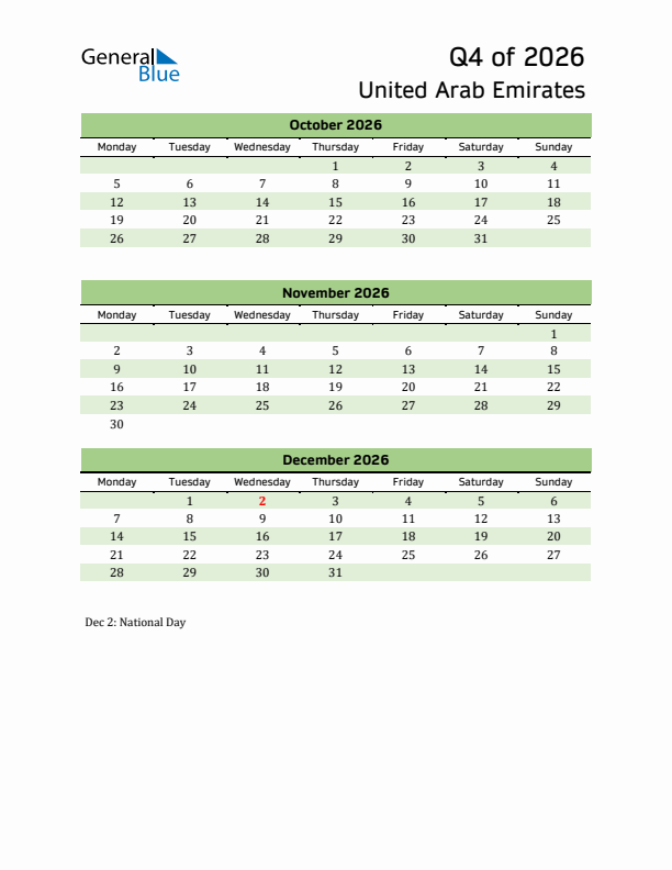 Quarterly Calendar 2026 with United Arab Emirates Holidays