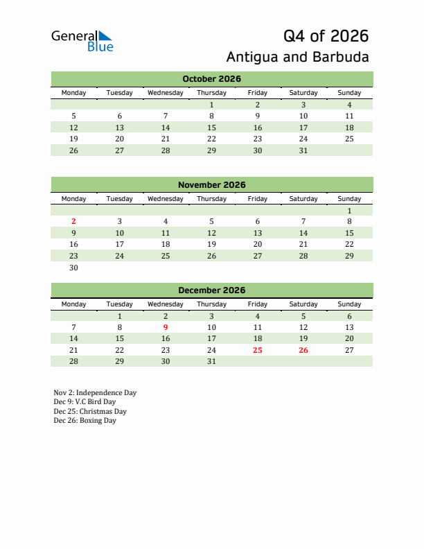 Quarterly Calendar 2026 with Antigua and Barbuda Holidays