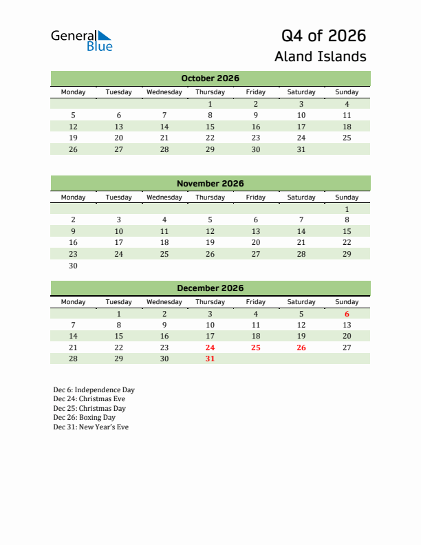 Quarterly Calendar 2026 with Aland Islands Holidays