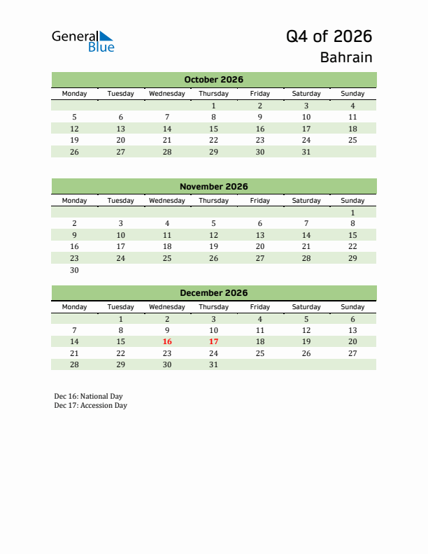 Quarterly Calendar 2026 with Bahrain Holidays