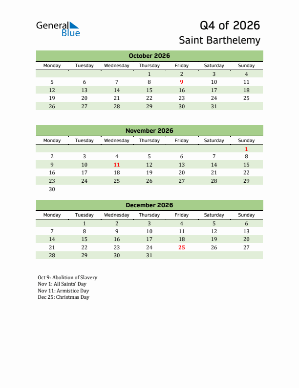 Quarterly Calendar 2026 with Saint Barthelemy Holidays