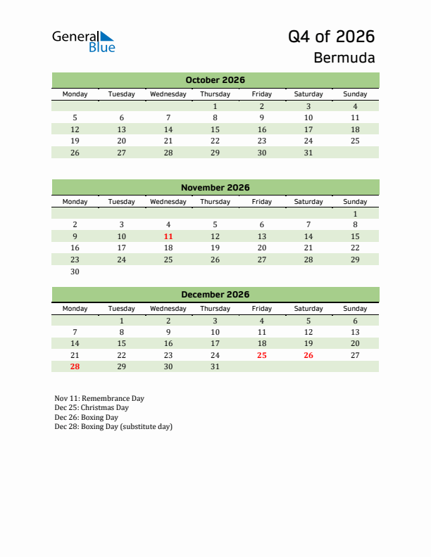 Quarterly Calendar 2026 with Bermuda Holidays