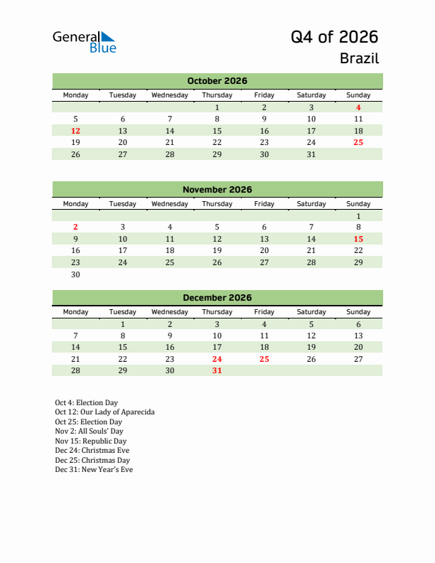 Quarterly Calendar 2026 with Brazil Holidays