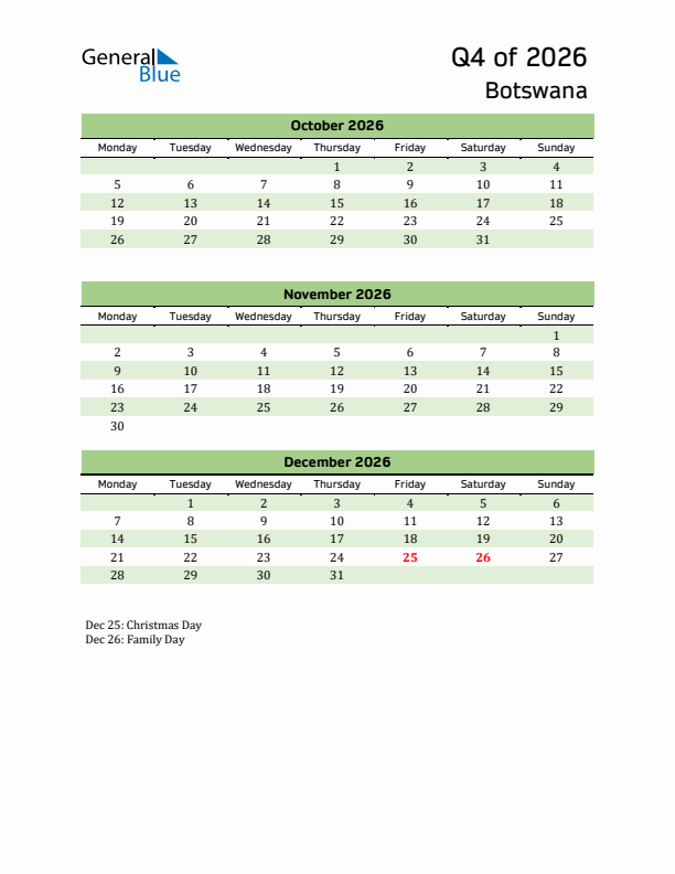 Quarterly Calendar 2026 with Botswana Holidays