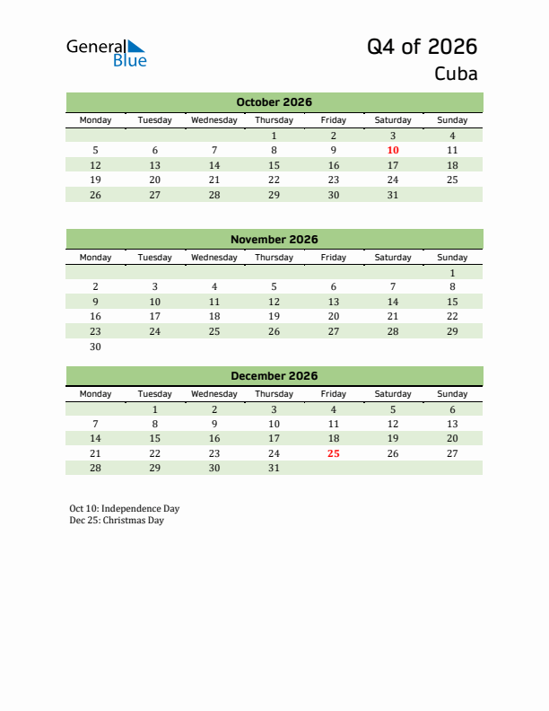 Quarterly Calendar 2026 with Cuba Holidays