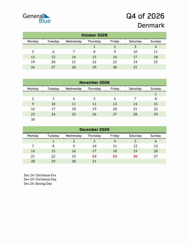 Quarterly Calendar 2026 with Denmark Holidays