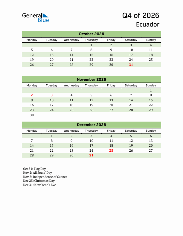 Quarterly Calendar 2026 with Ecuador Holidays