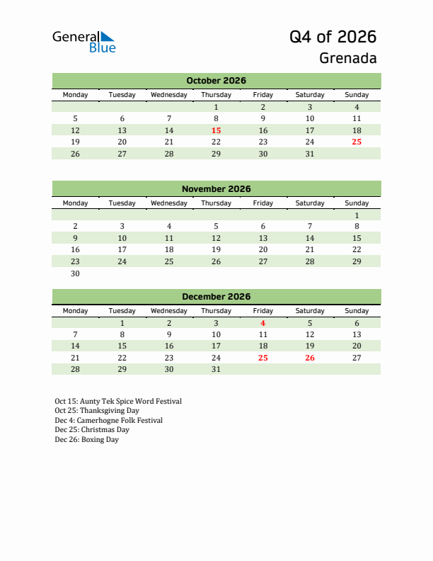 Quarterly Calendar 2026 with Grenada Holidays