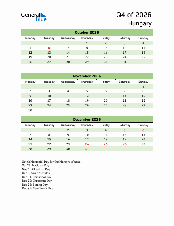 Quarterly Calendar 2026 with Hungary Holidays