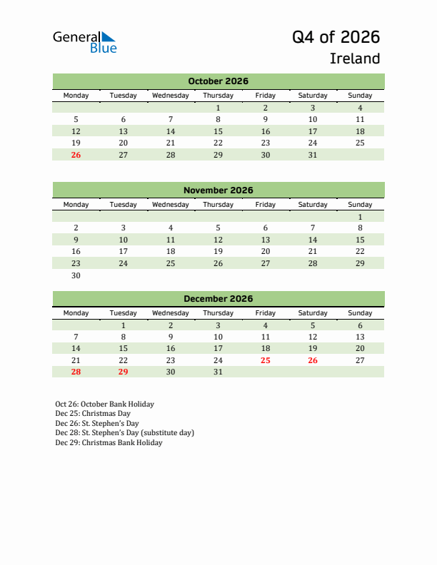 Quarterly Calendar 2026 with Ireland Holidays