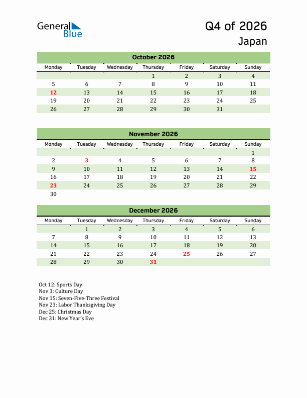 Quarterly Calendar 2026 with Japan Holidays