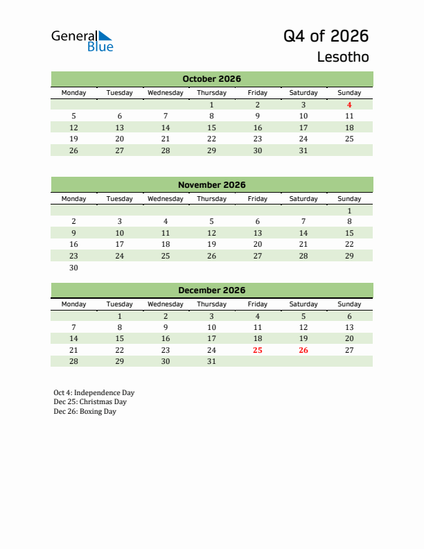 Quarterly Calendar 2026 with Lesotho Holidays