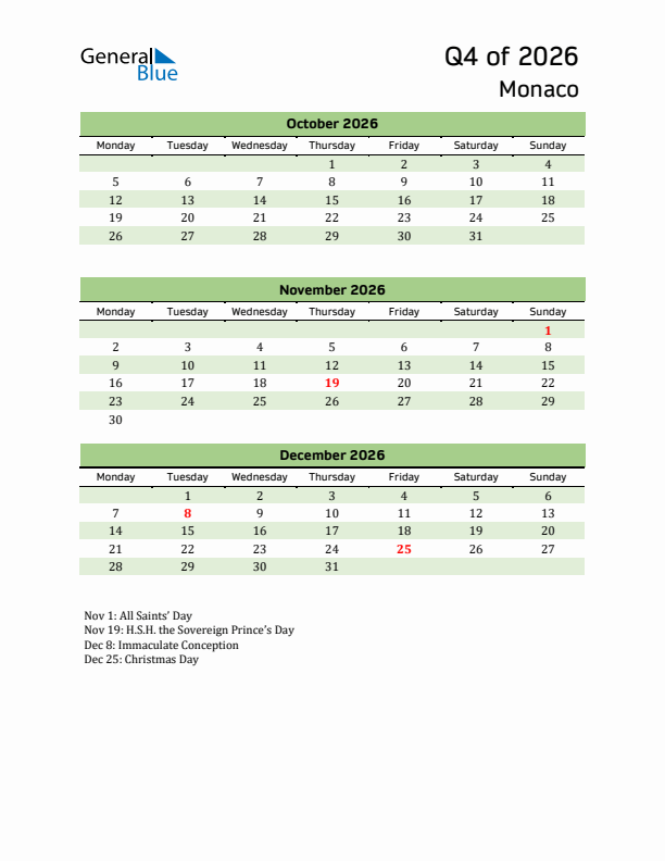 Quarterly Calendar 2026 with Monaco Holidays