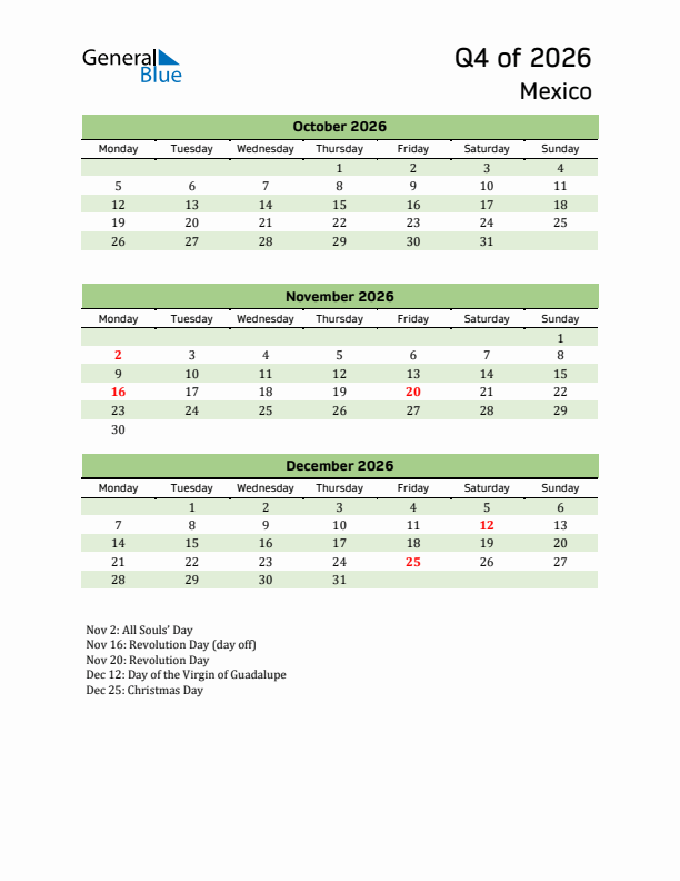 Quarterly Calendar 2026 with Mexico Holidays