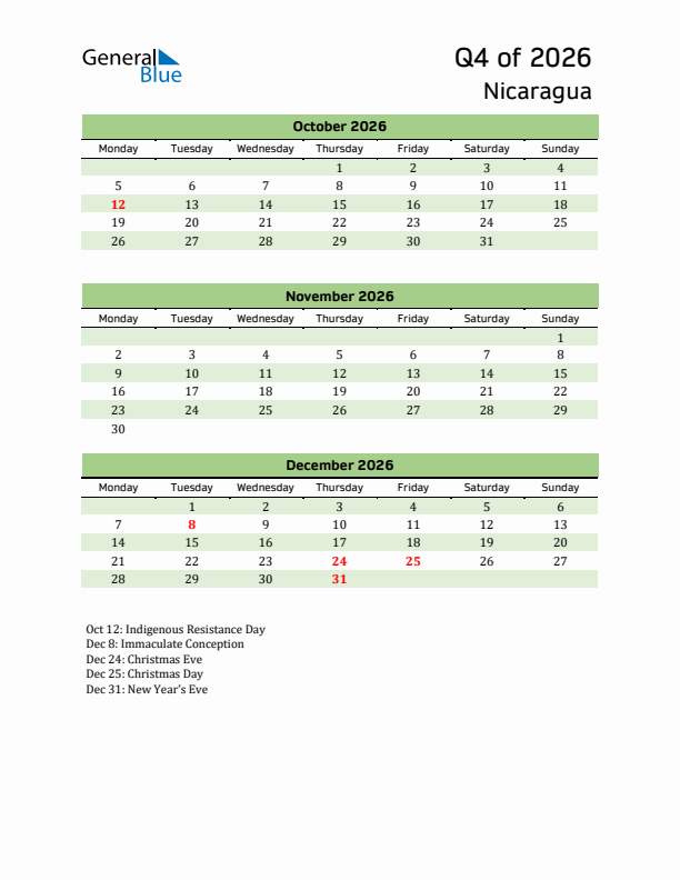 Quarterly Calendar 2026 with Nicaragua Holidays