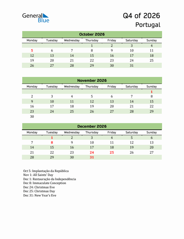 Quarterly Calendar 2026 with Portugal Holidays