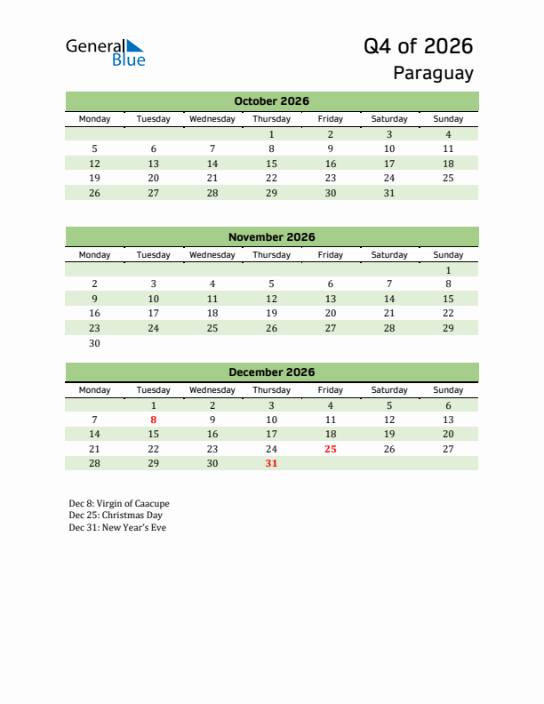 Quarterly Calendar 2026 with Paraguay Holidays