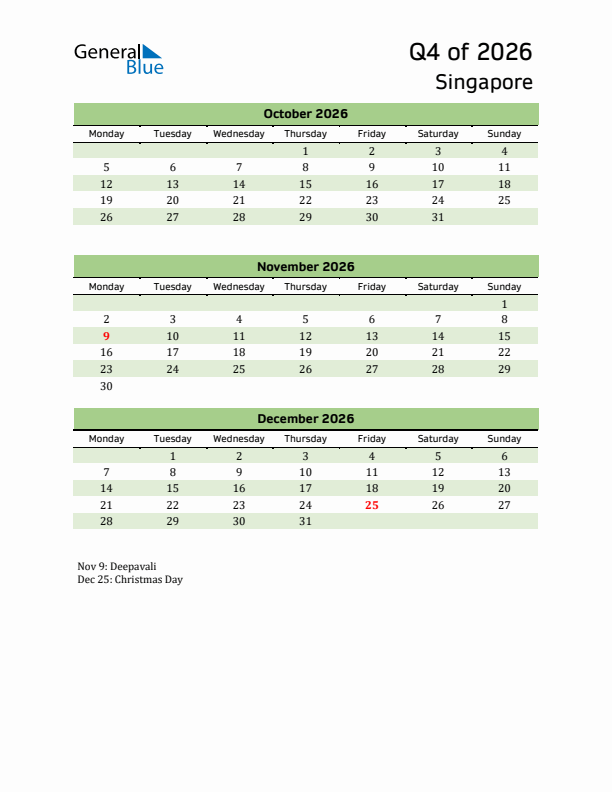 Quarterly Calendar 2026 with Singapore Holidays