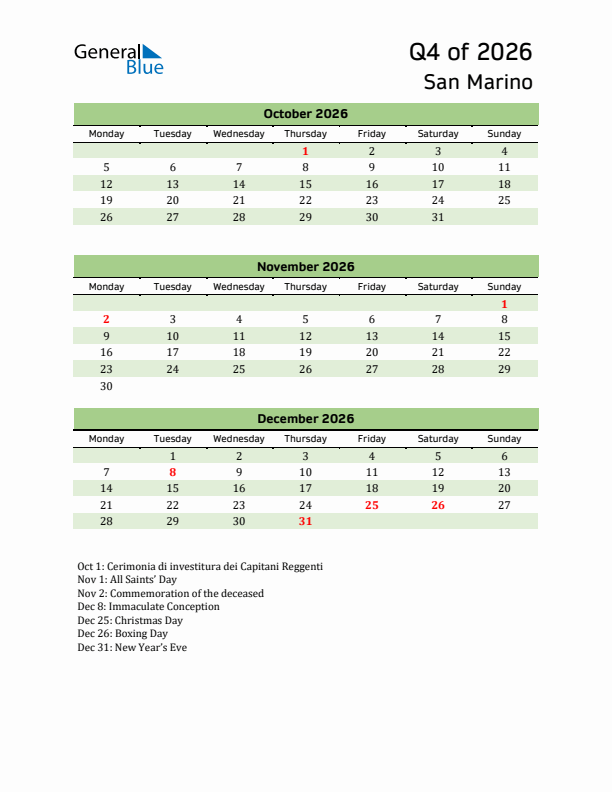 Quarterly Calendar 2026 with San Marino Holidays