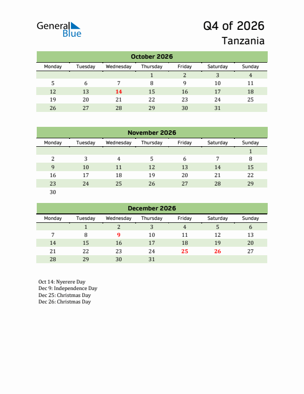 Quarterly Calendar 2026 with Tanzania Holidays